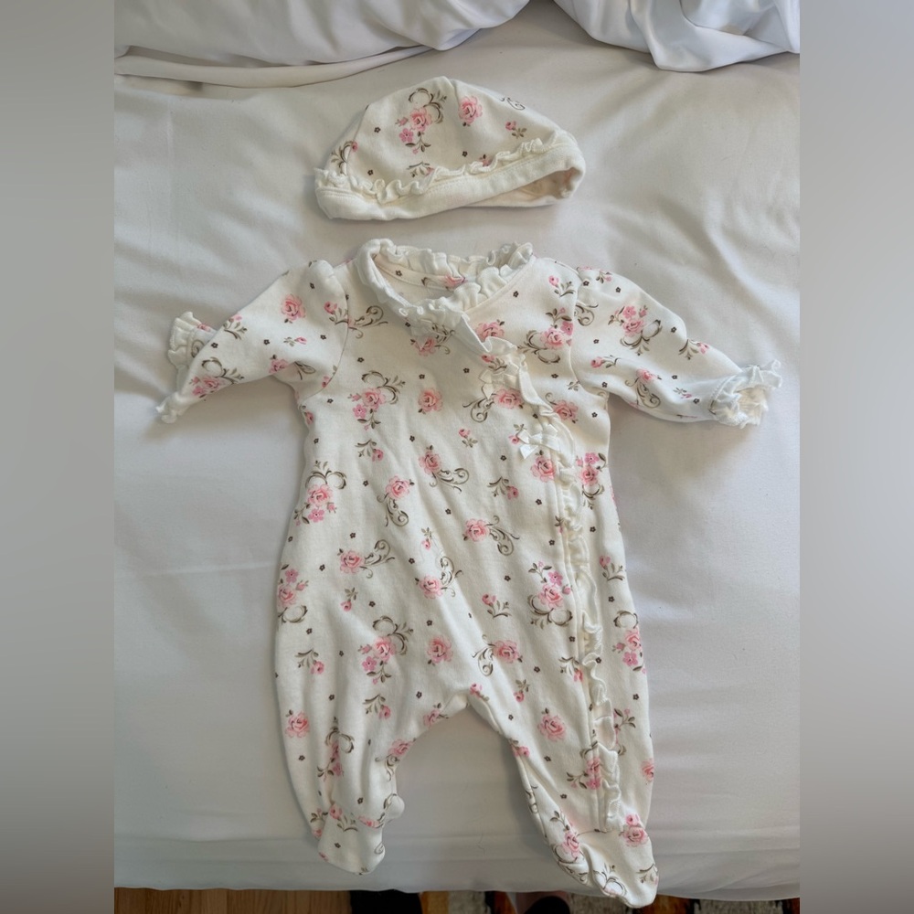 Little Me Pink Floral Footie and Hat Set